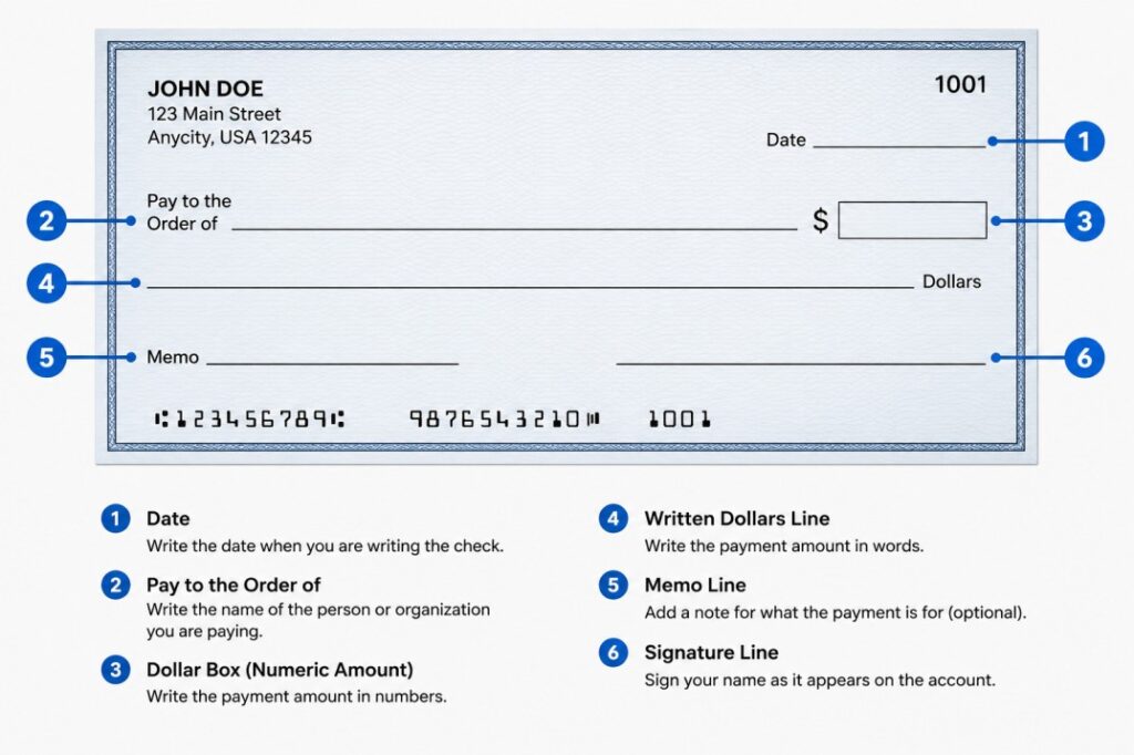 Labeled diagram showing how to write a personal check step-by-step.
