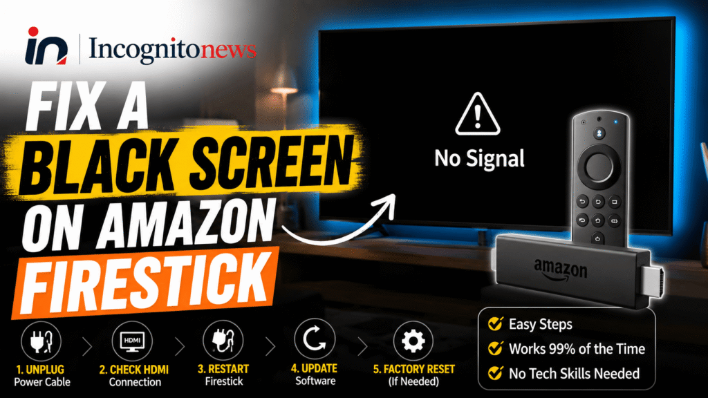 Blank black TV screen with Amazon Firestick plugged into HDMI port
