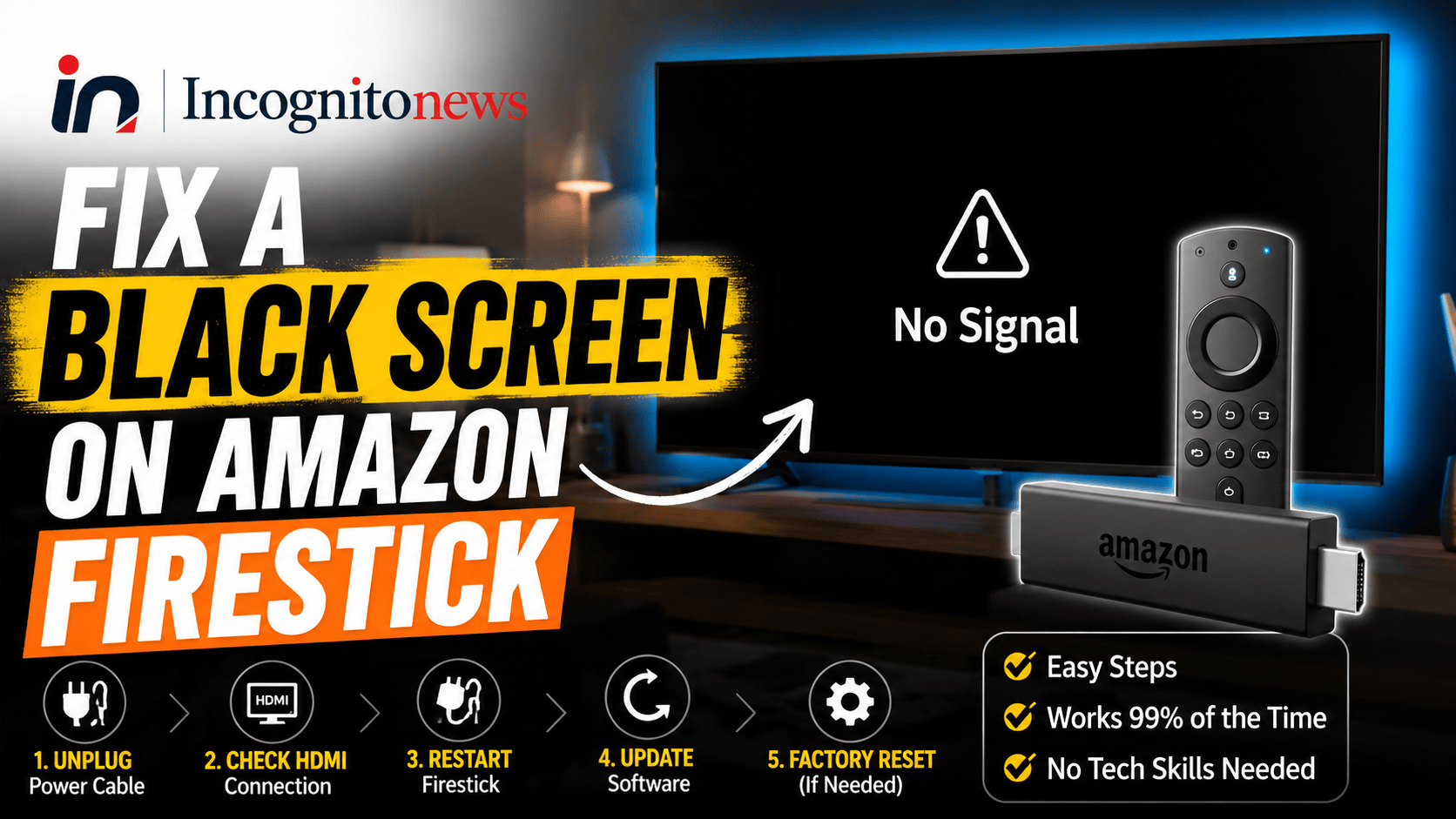 Blank black TV screen with Amazon Firestick plugged into HDMI port