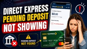 Worried woman checking Direct Express card app showing no pending deposit and zero balance