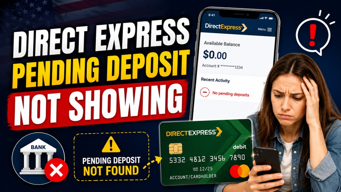 Worried woman checking Direct Express card app showing no pending deposit and zero balance