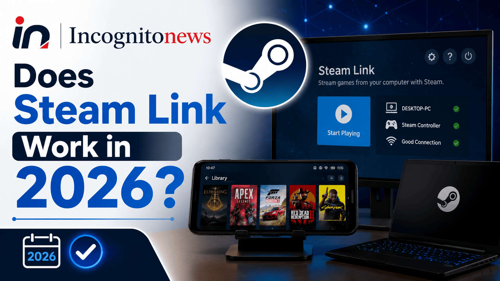 Steam Link streaming interface showing a game library on phone, TV, and laptop connected over Wi-Fi